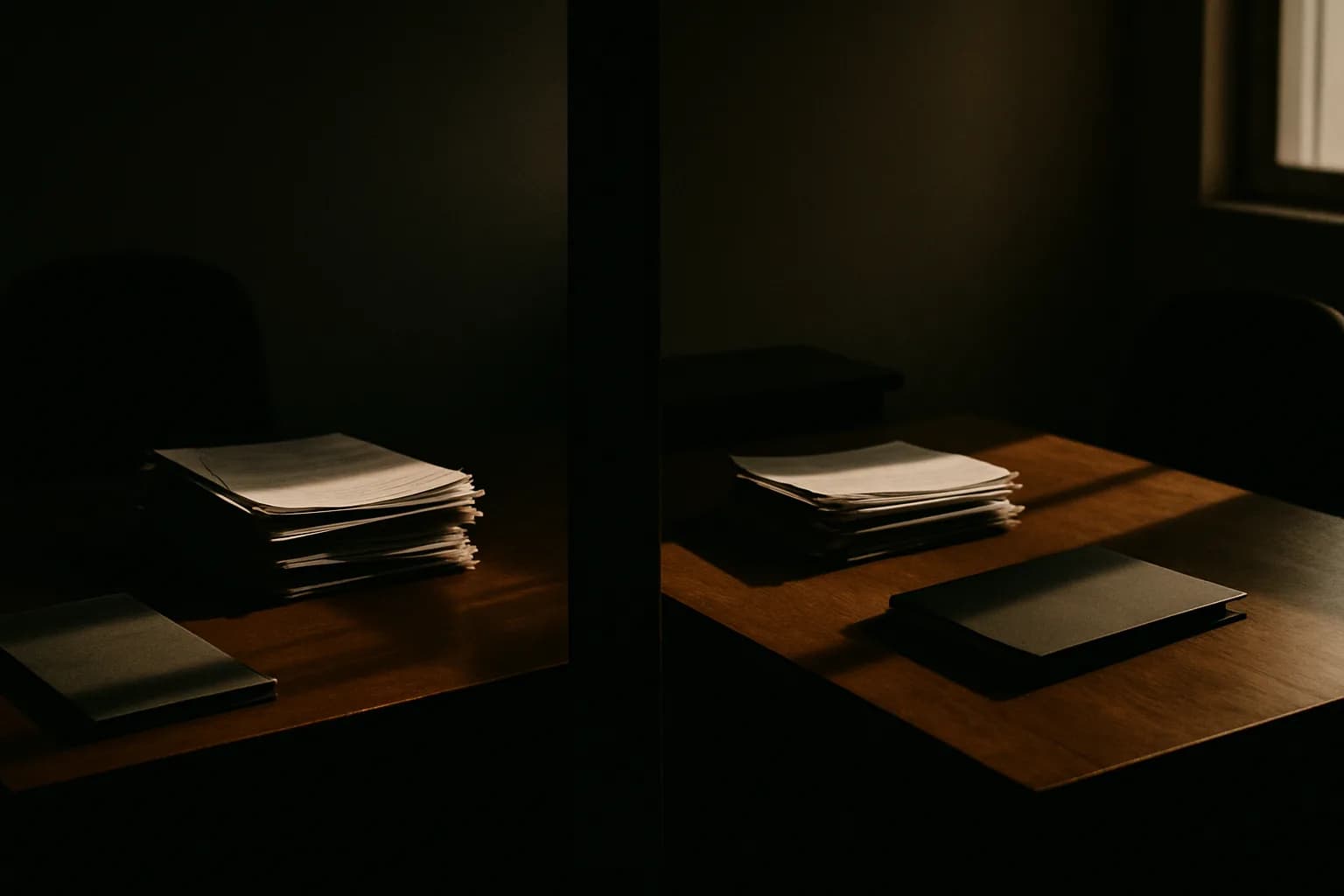 Two separate office desks divided by shadow, each with distinct stacks of papers and closed folders, lit by soft window light from opposite sides