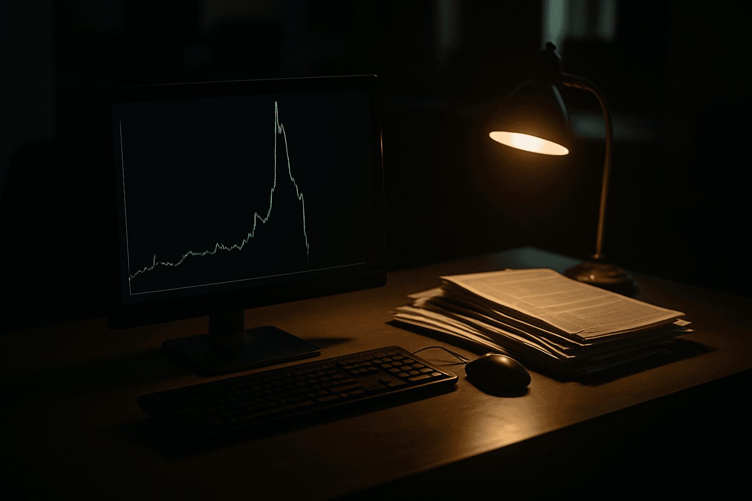 A glowing monitor displaying a yield chart spike and recovery on a dim trading desk surrounded by stacked financial documents in amber lamplight.