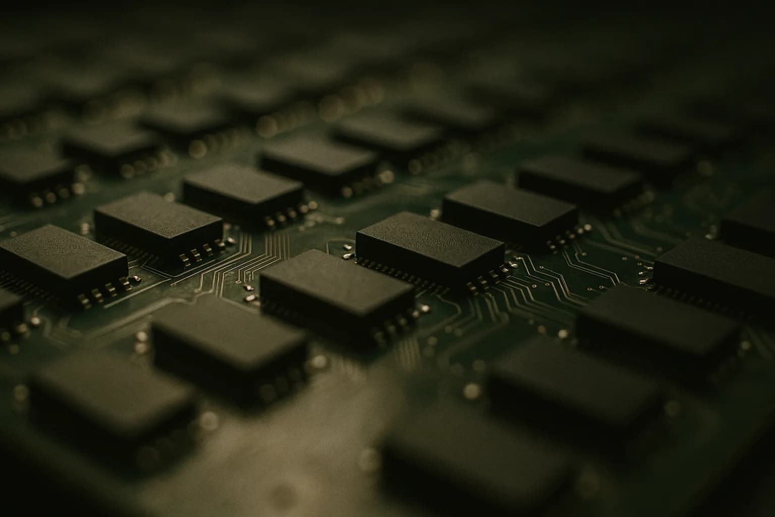 Close-up of circuit board chiplets arranged in rows under diffused industrial lighting