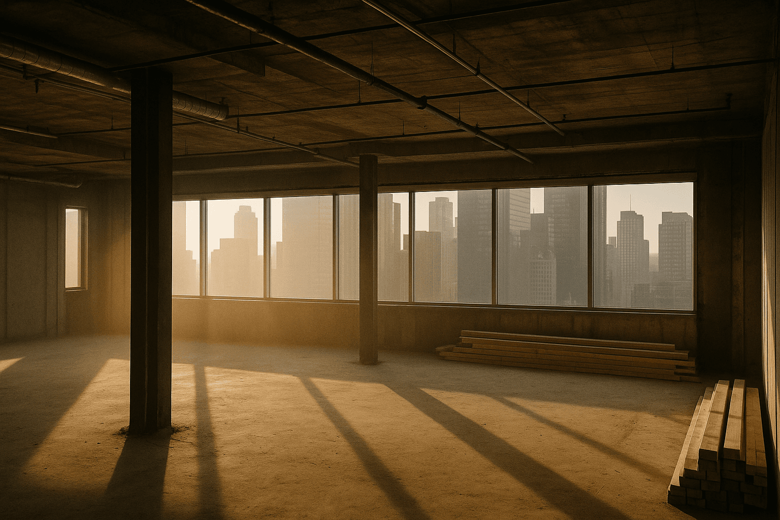 Empty office floor mid-conversion with exposed concrete structure, stacked lumber, and city skyline visible through bare window frames.