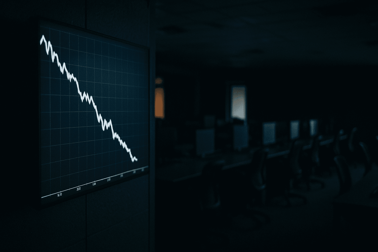A wall-mounted price monitor in a dark trading room shows a declining oil futures chart, chairs and desks empty, no people visible, the screen's glow the only light source
