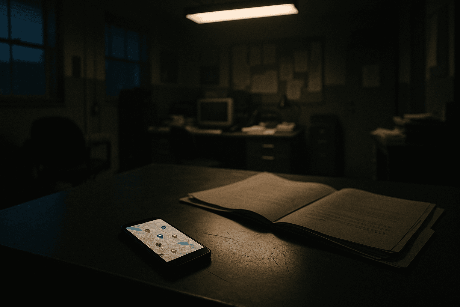 Government desk with smartphone displaying a pinned city map beside open case files under fluorescent light