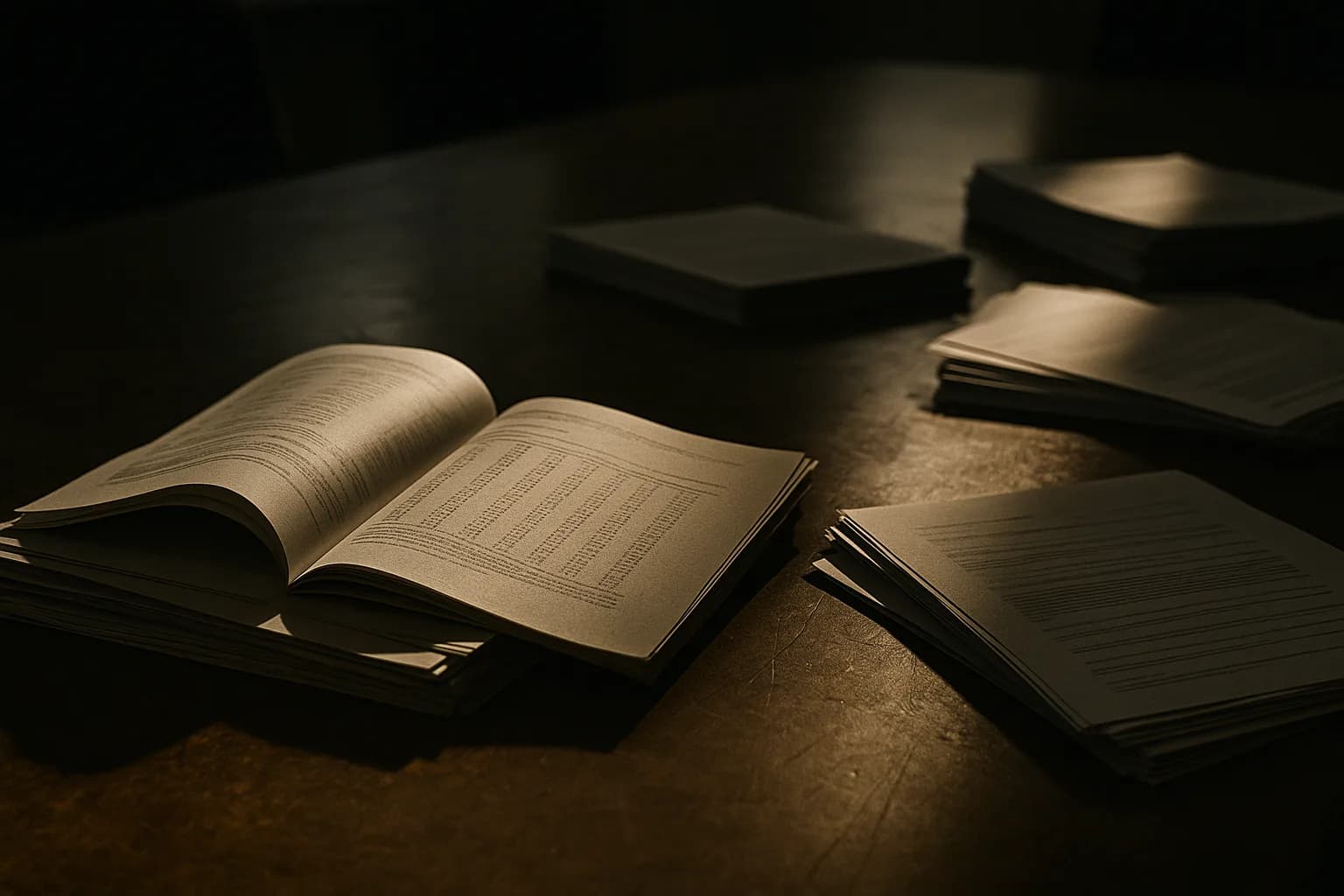 Stack of bond documents on a conference table, late-afternoon light raking across printed yield tables