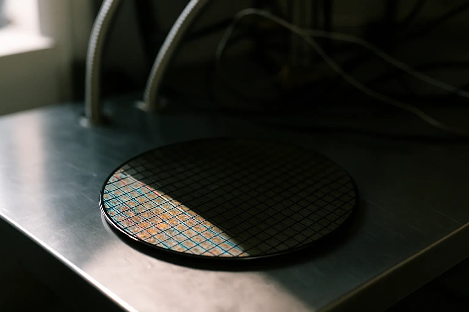 A silicon semiconductor wafer on a laboratory bench, surrounded by cryogenic cooling equipment and measurement cables, lit by diffuse natural window light