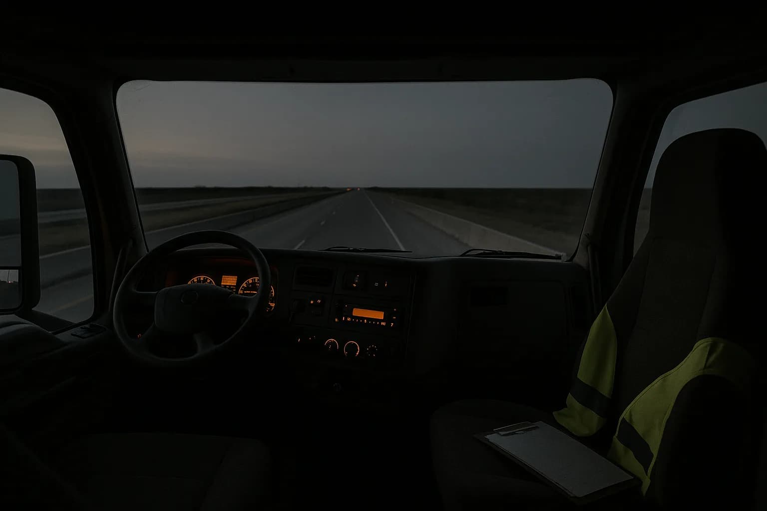 Empty driver seat inside a commercial freight truck cab at pre-dawn, dashboard glowing amber, flat Texas interstate ahead through the windshield, safety vest and clipboard resting on the passenger seat