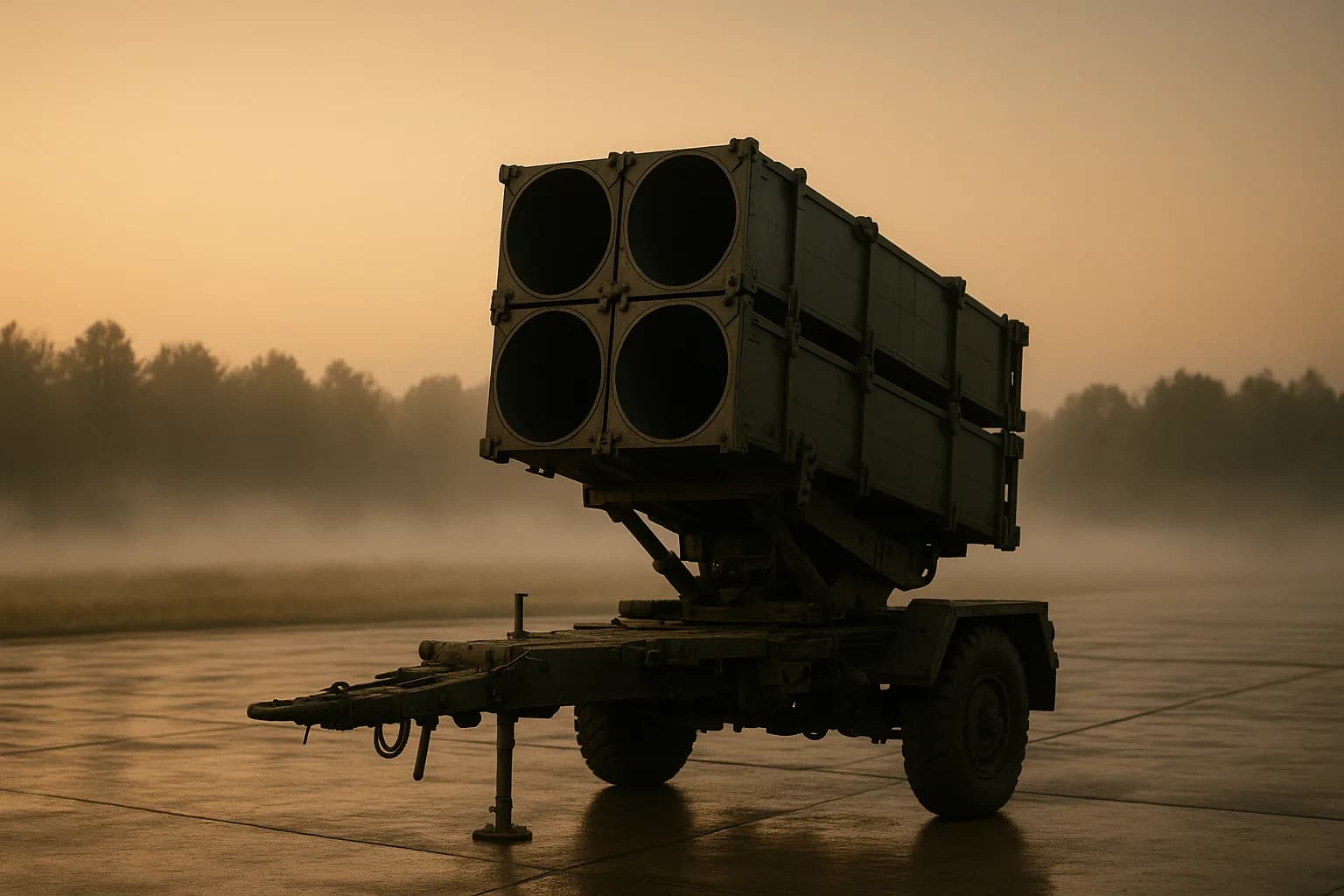 Empty wheeled hypersonic missile launch canister pod on a wet tarmac at dawn with fog behind the treeline