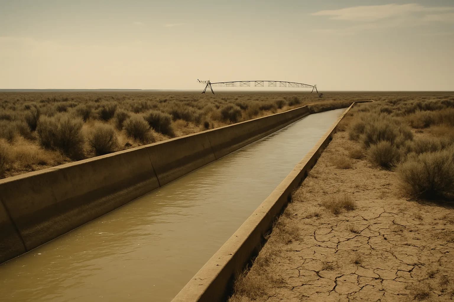 A low-running irrigation canal cuts through dry southern Idaho farmland under a pale sky, with an idle center-pivot sprinkler visible in the background.