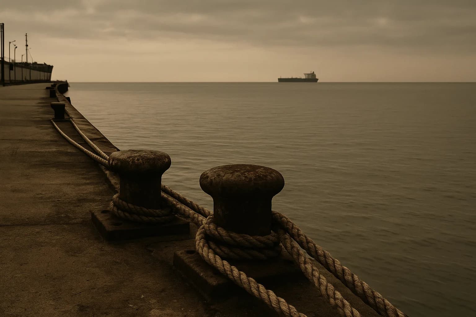 Empty tanker berth at dawn with mooring lines and a distant vessel on a grey horizon
