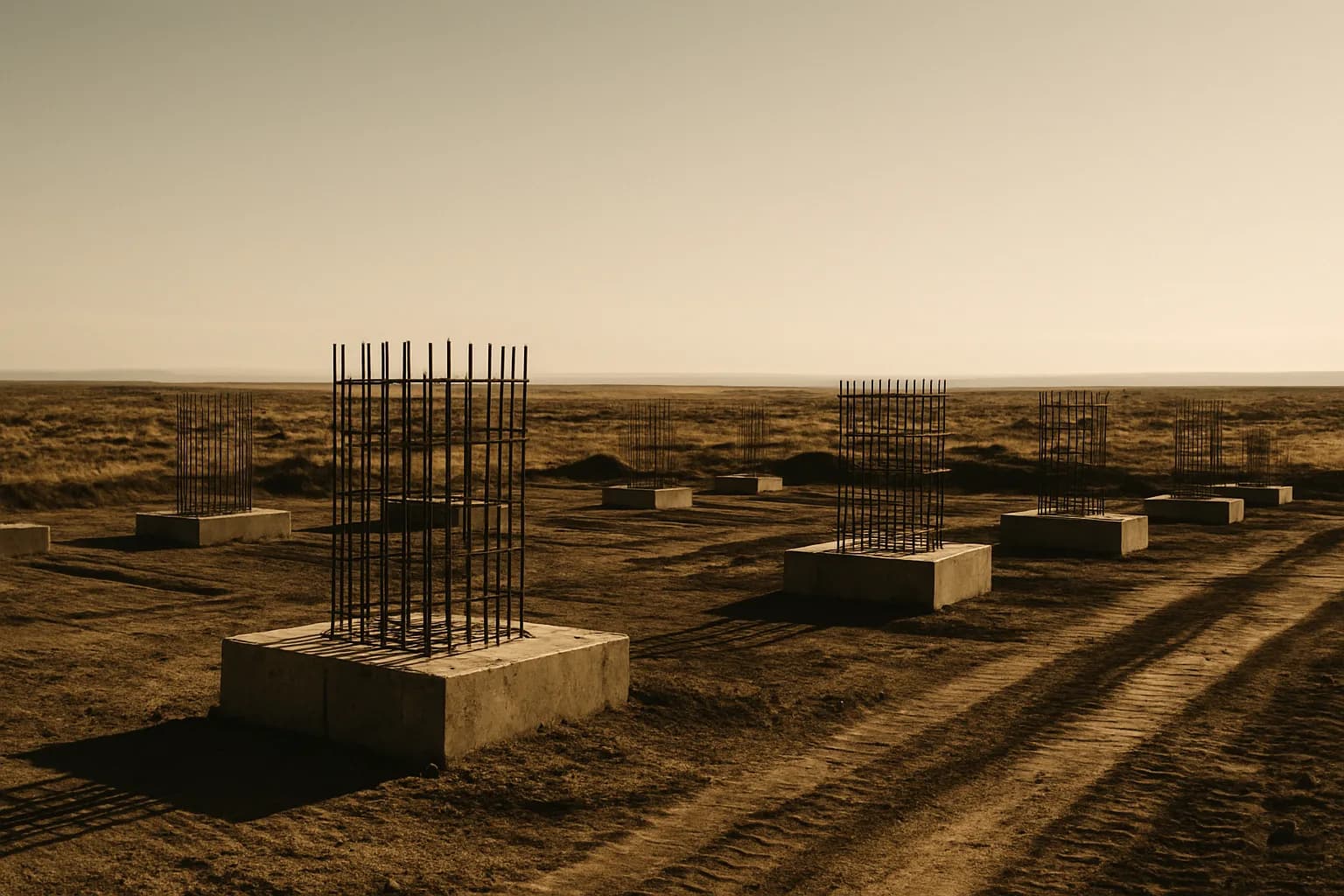 Concrete construction foundations and rebar spread across arid terrain under a pale Washington sky, no workers visible, long shadows from afternoon sun
