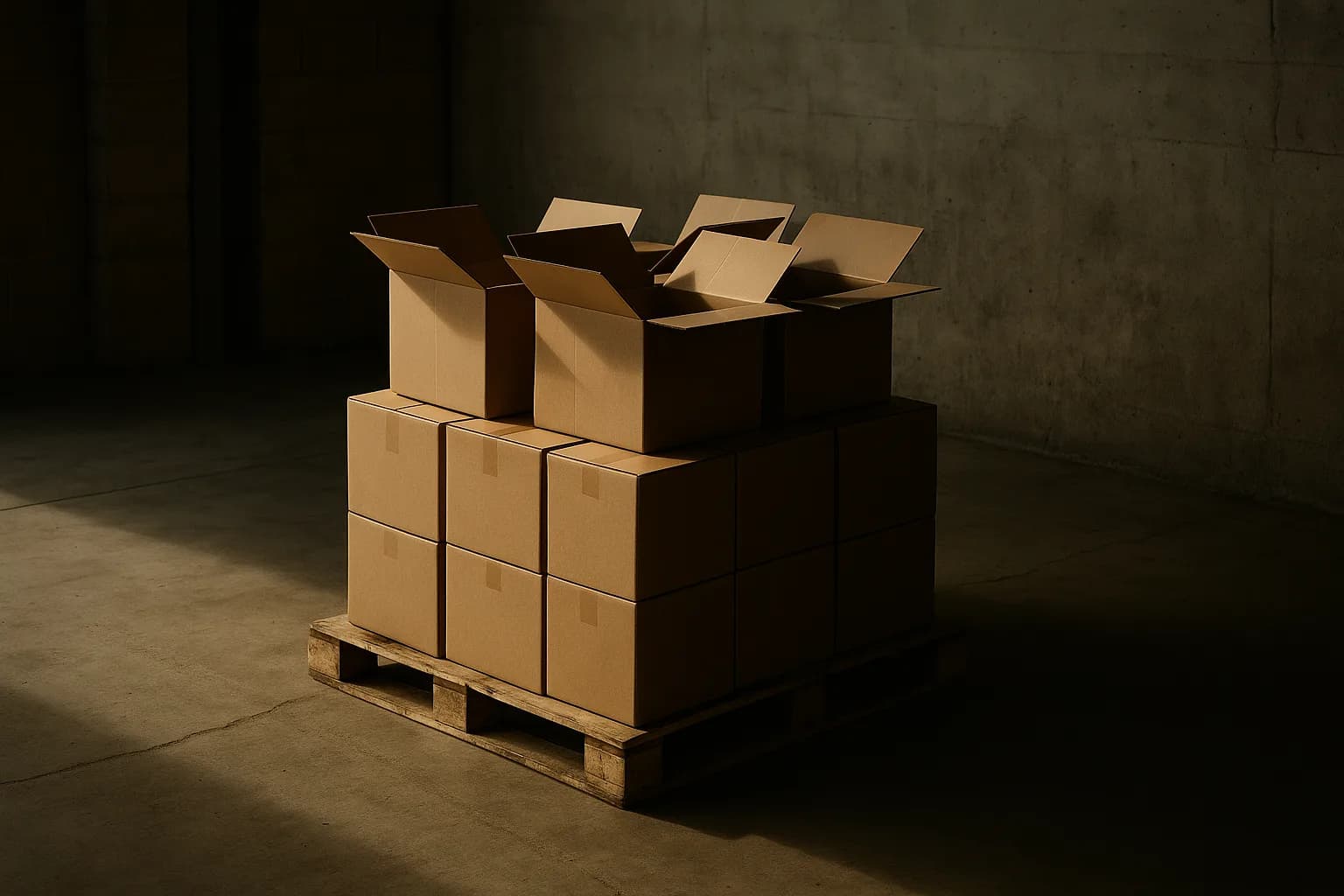 Open cardboard boxes on a warehouse pallet, several visibly empty inside a bare industrial space