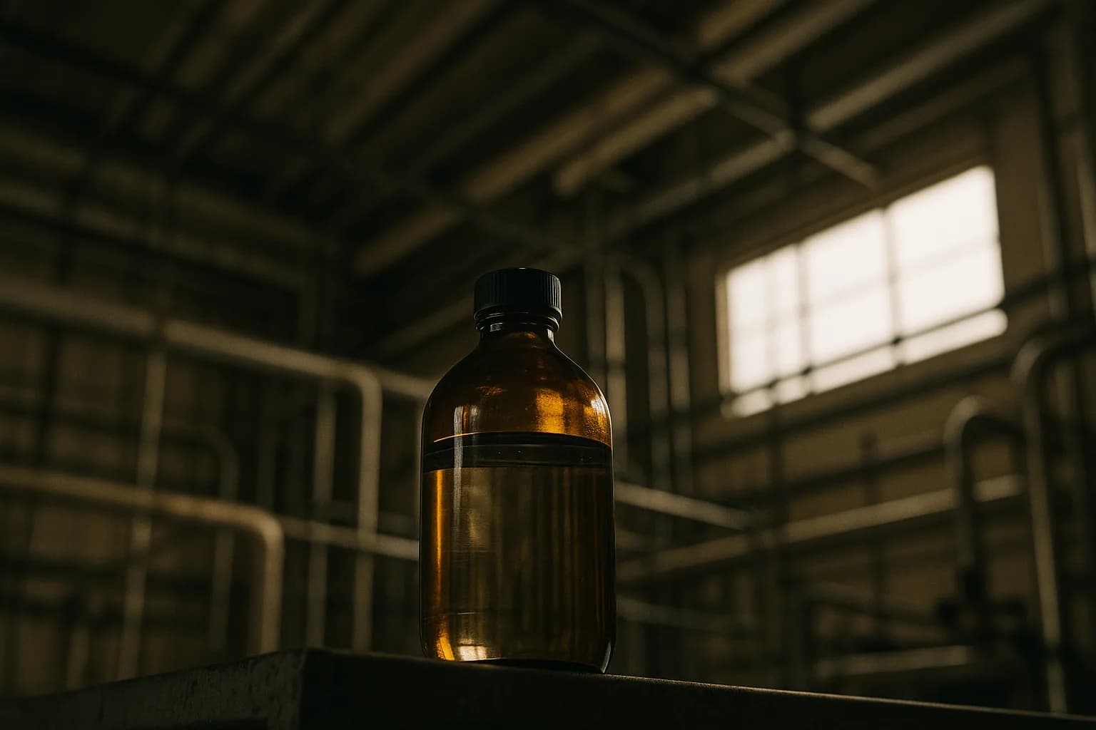 A sealed amber bottle of photoresist chemistry on a steel shelf in an industrial facility, lit by a shaft of natural light from above.