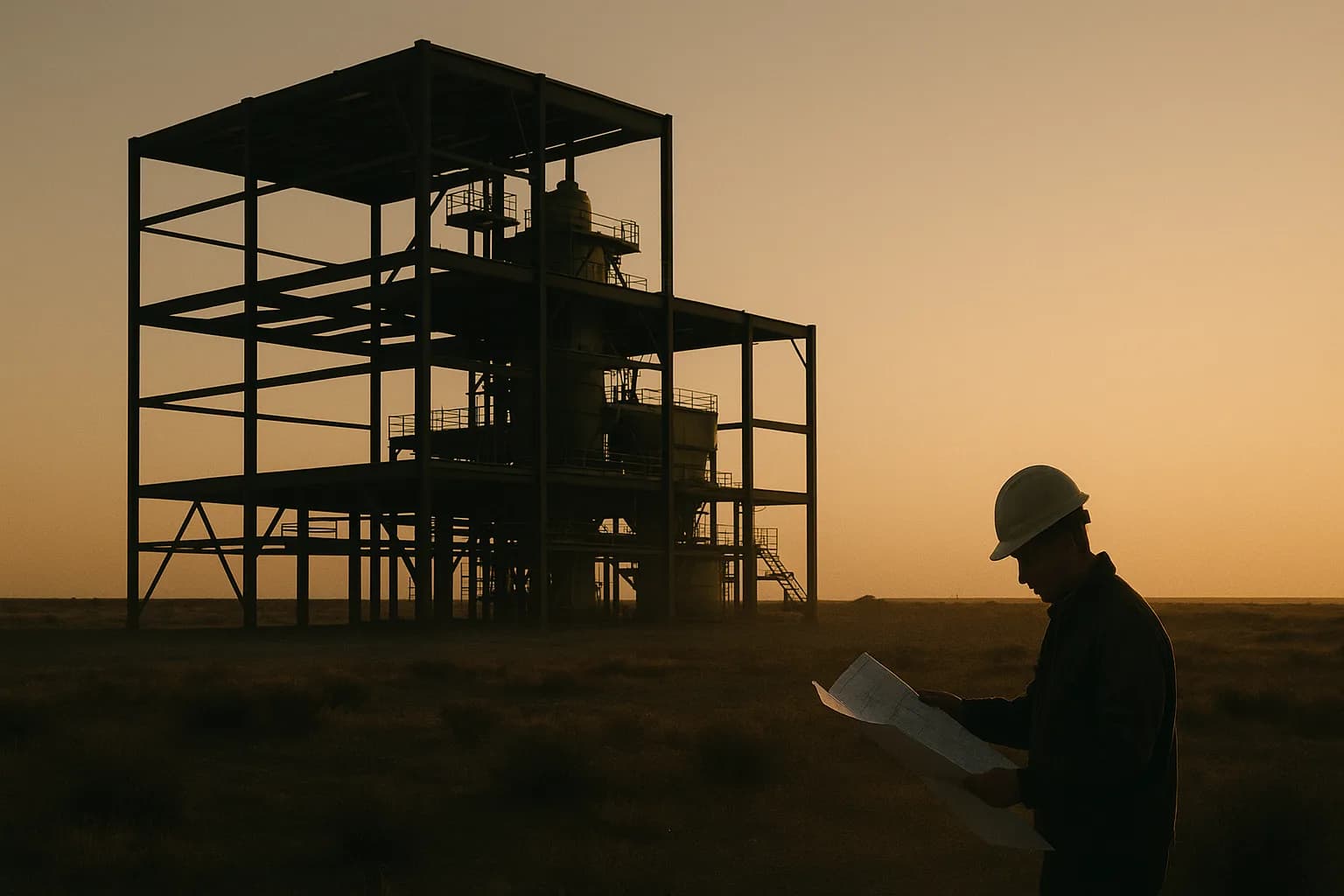 Steel framework of an industrial fusion facility under construction at dusk, with a lone worker reviewing plans in the foreground against an open sky.