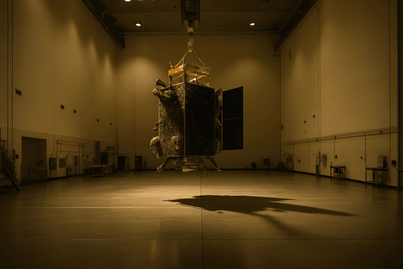 A satellite bus hangs from an overhead crane inside an empty high-bay aerospace assembly facility, its shadow falling across the polished floor below.