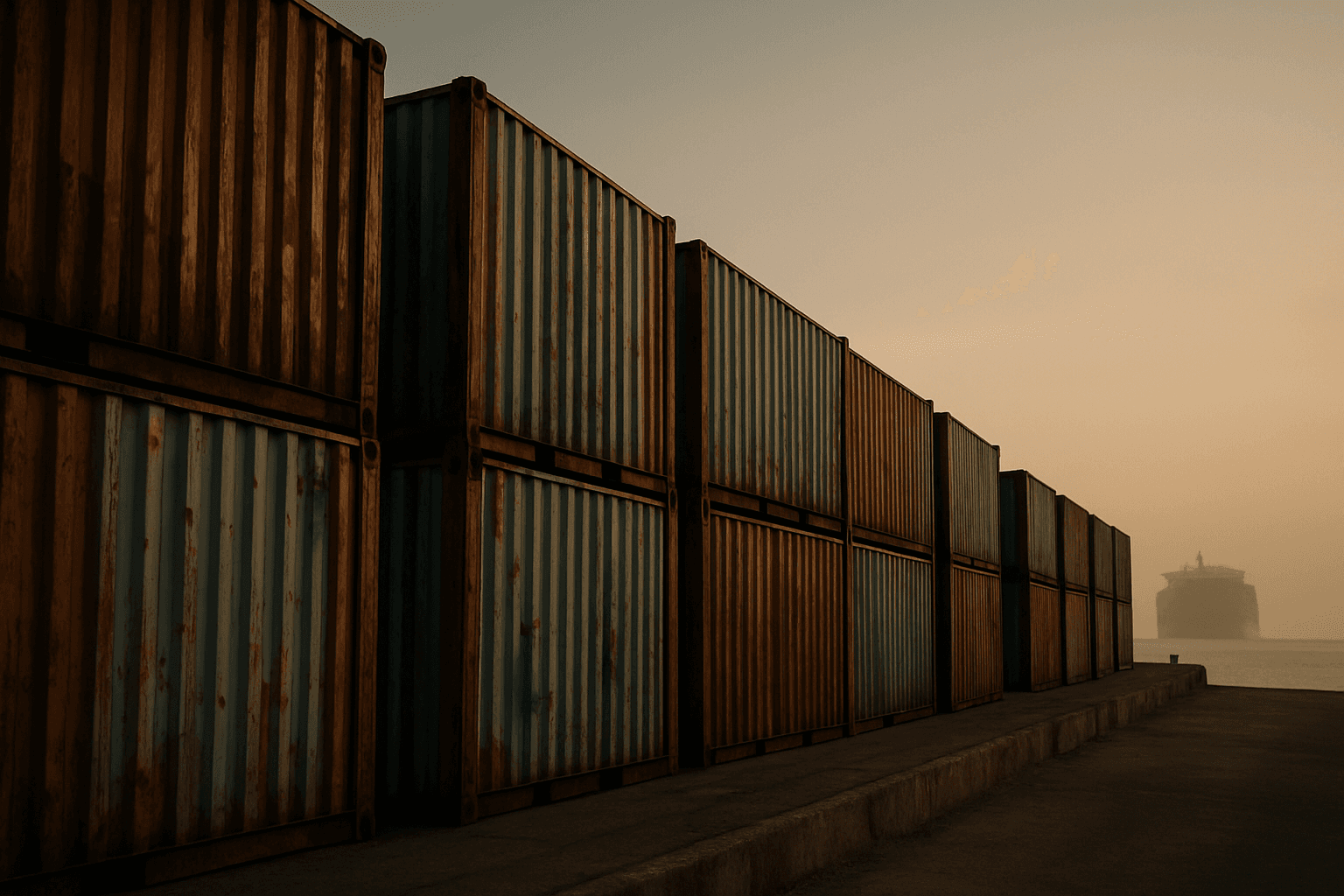 Stacked shipping containers on a port dock at dawn, with a cargo ship visible in the distant harbor haze