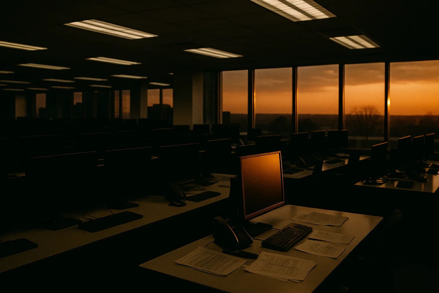 Empty bond trading floor with dark screens and late afternoon sunlight streaming through windows onto scattered documents