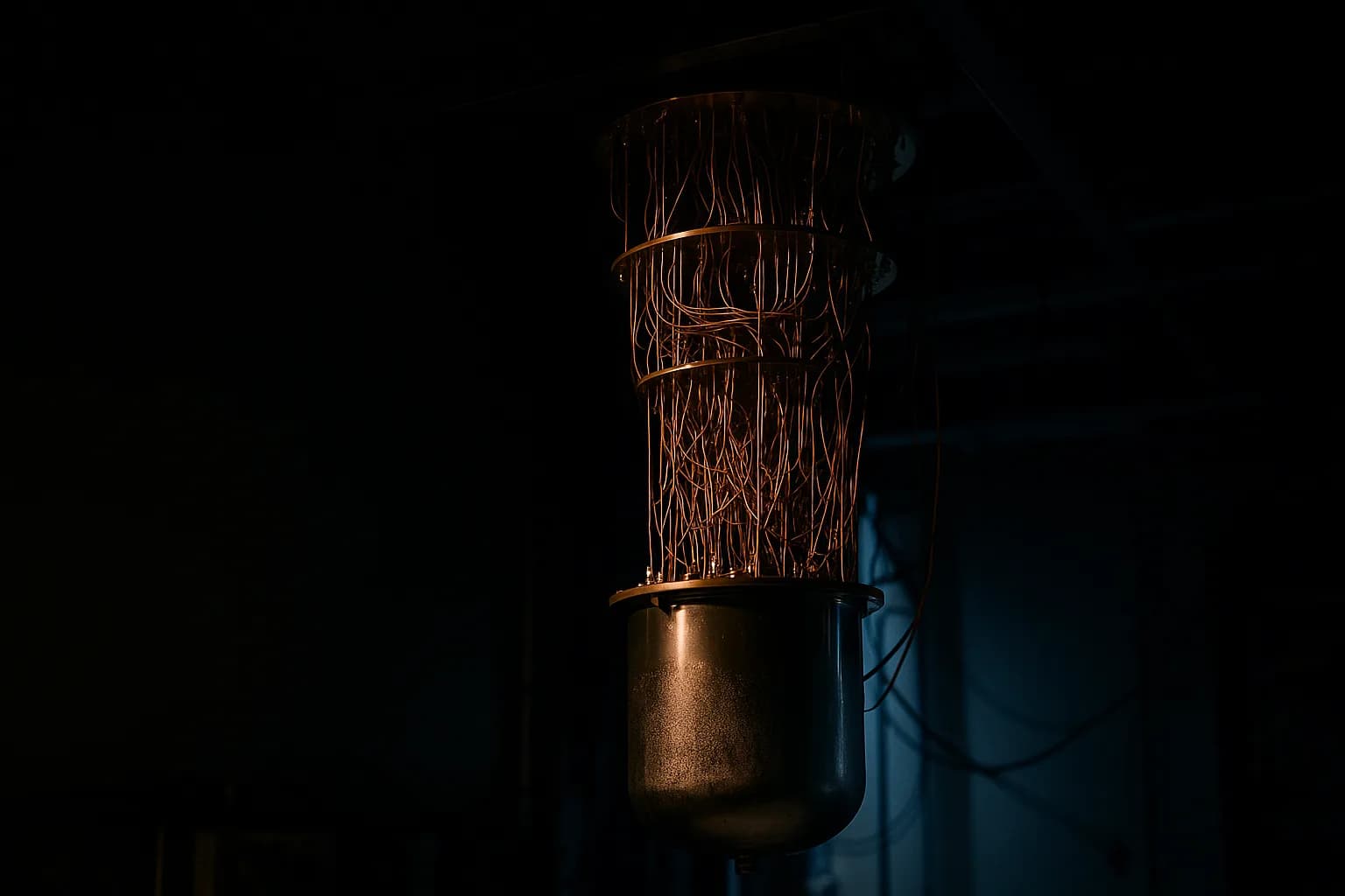 A cryogenic dilution refrigerator in a physics lab, its metal cylinder surrounded by copper wiring under dim blue light