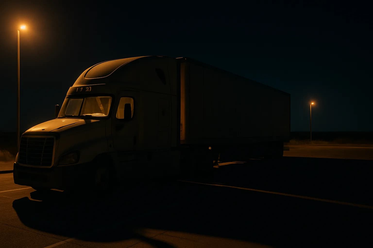 Empty-cab autonomous semi-truck parked at a pre-dawn Texas rest stop, amber lights illuminating the driverless cab through the windshield