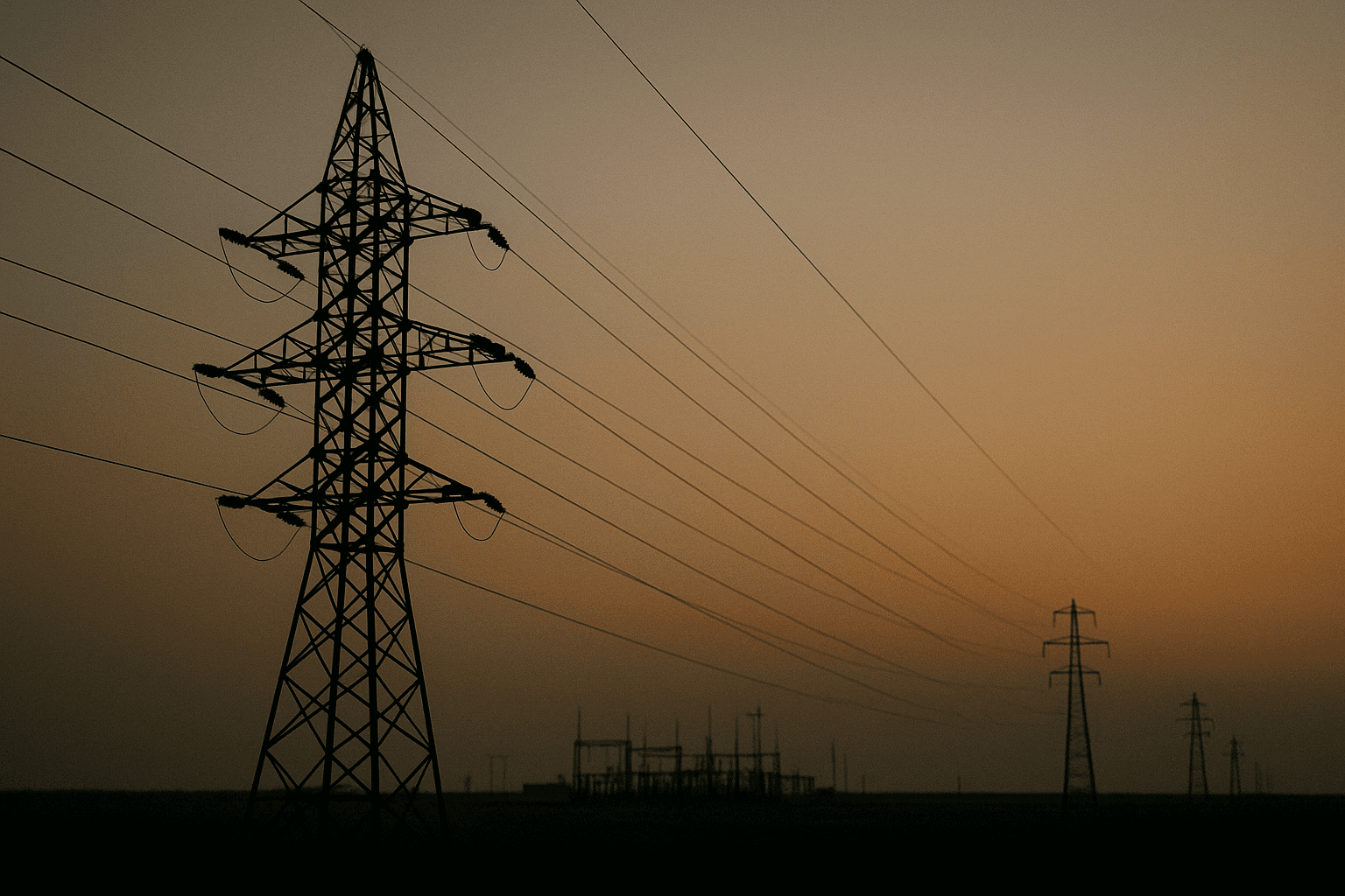 Low-angle view of high-voltage transmission tower at dusk, power lines stretching to horizon with substation in background