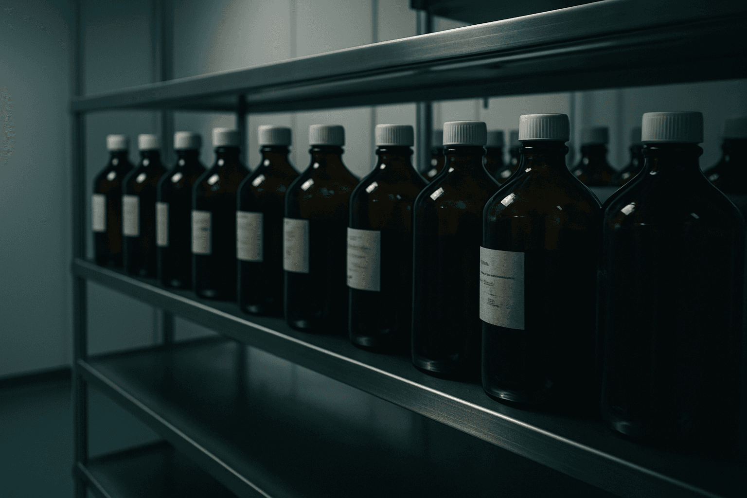 Sealed glass chemistry containers on clean room shelving in a semiconductor materials facility.