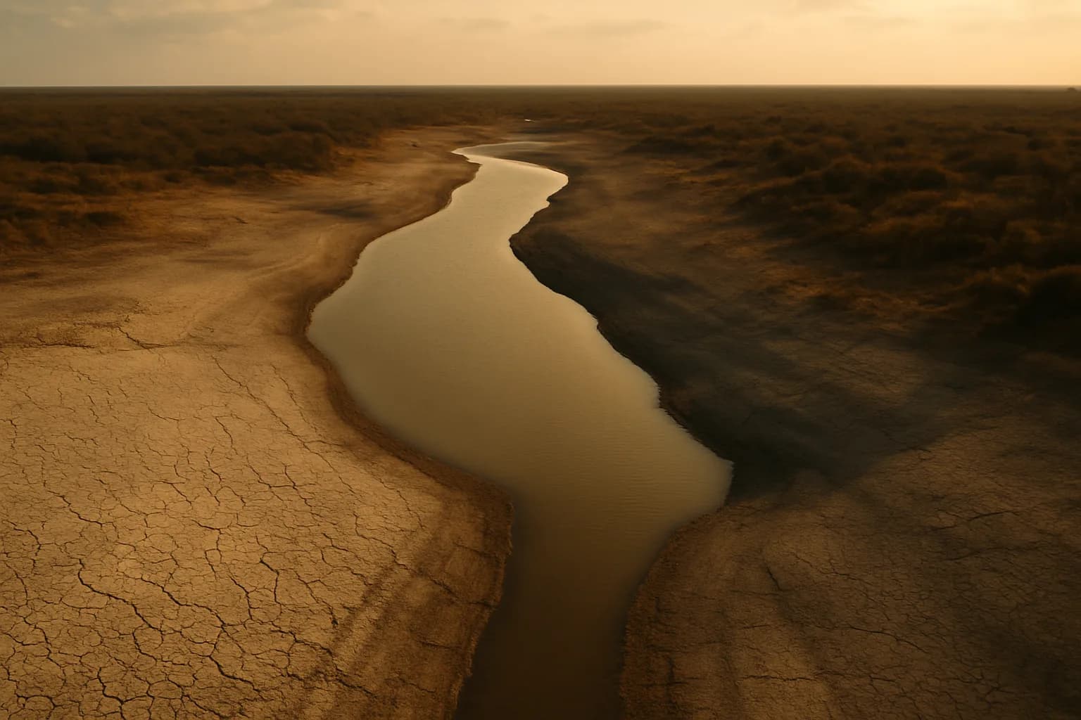 Aerial view of a near-empty South Texas reservoir showing vast cracked earth and a narrow ribbon of remaining water at center.