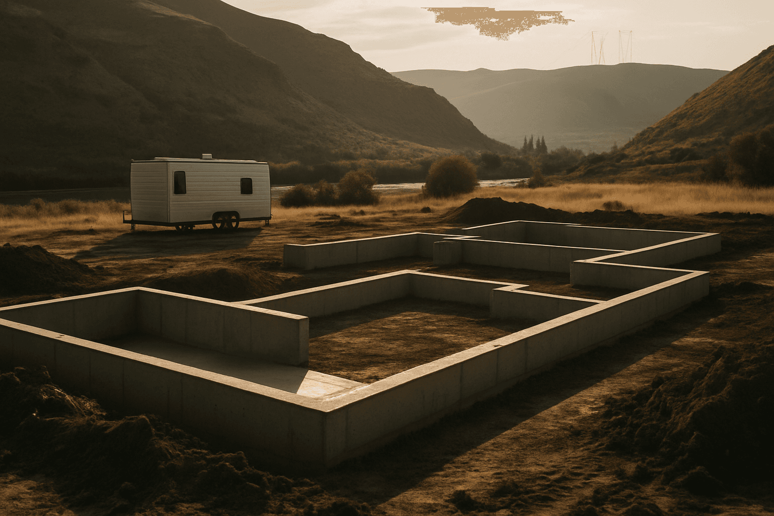 Concrete foundations at the Orion fusion plant construction site in Malaga, Washington, with power transmission infrastructure on the ridge and a construction trailer at the site edge