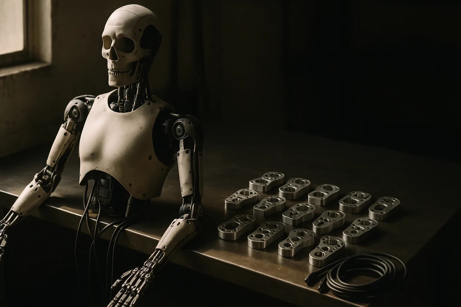Aluminum humanoid robot components arranged on a workshop bench under natural window light