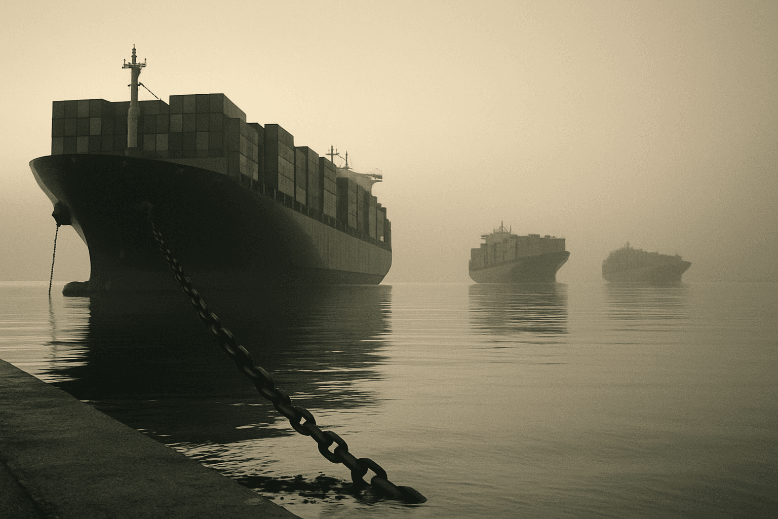 Container ships at anchor in a haze-flattened harbor at dawn, anchor chain in the foreground, hulls diminishing into the distance