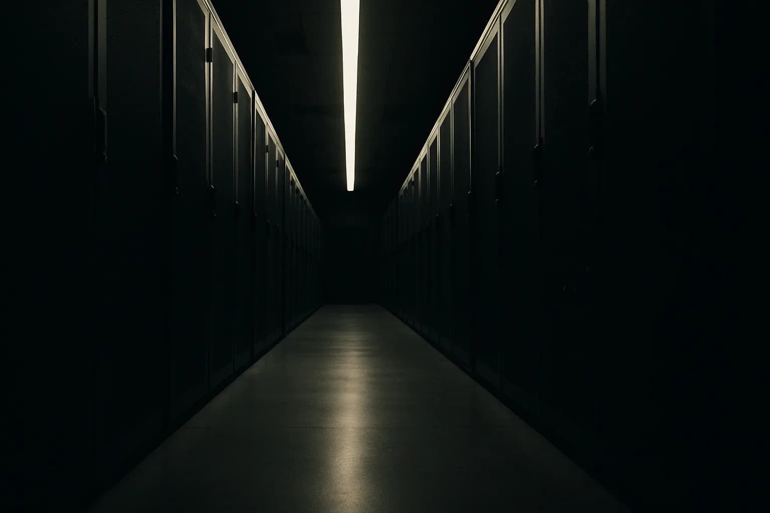 Empty data center corridor with dark server racks lit by a single overhead strip of white light receding into the distance