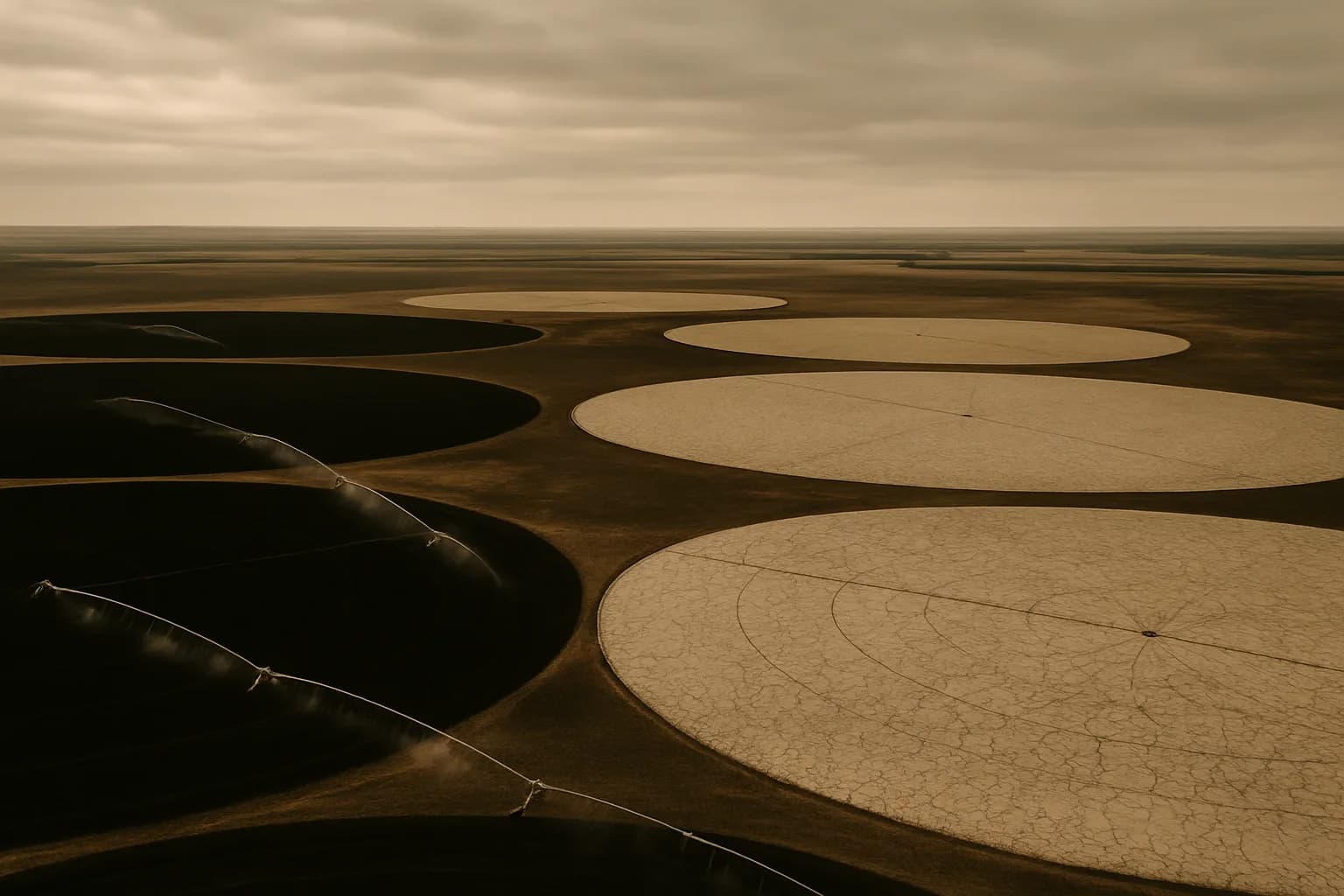 Aerial view of center-pivot irrigation on the Eastern Snake River Plain, with some pivots running water and others idle over dry cracked soil