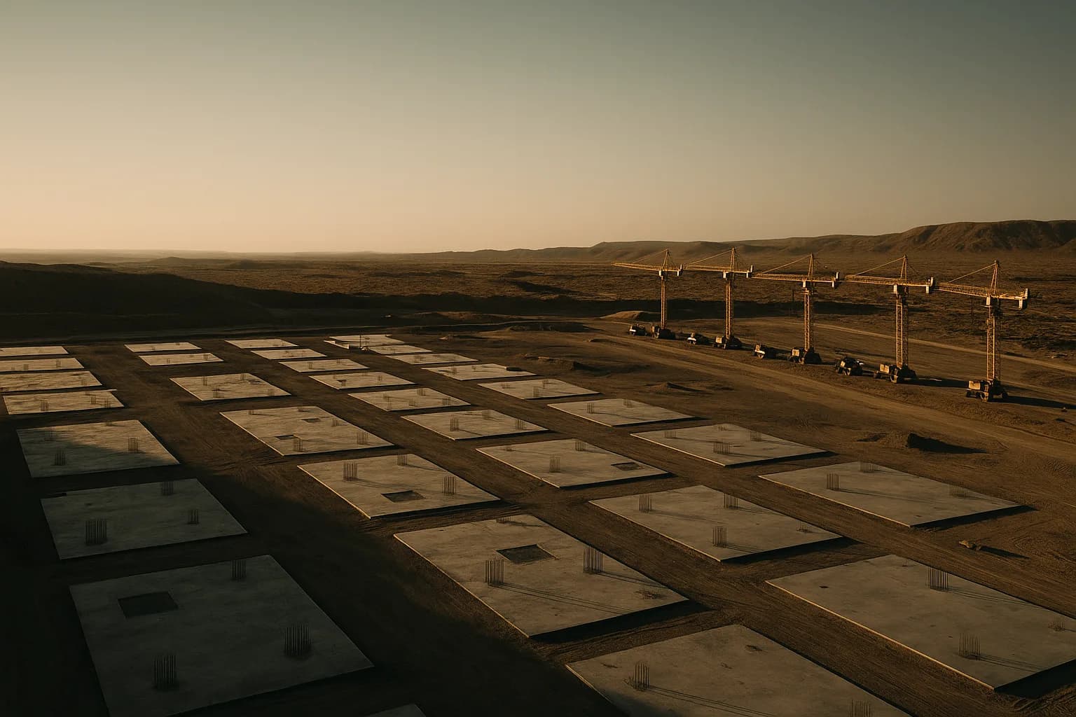 Aerial view of an empty industrial construction site with bare concrete foundations and idle cranes in desert terrain, shot in late afternoon light.