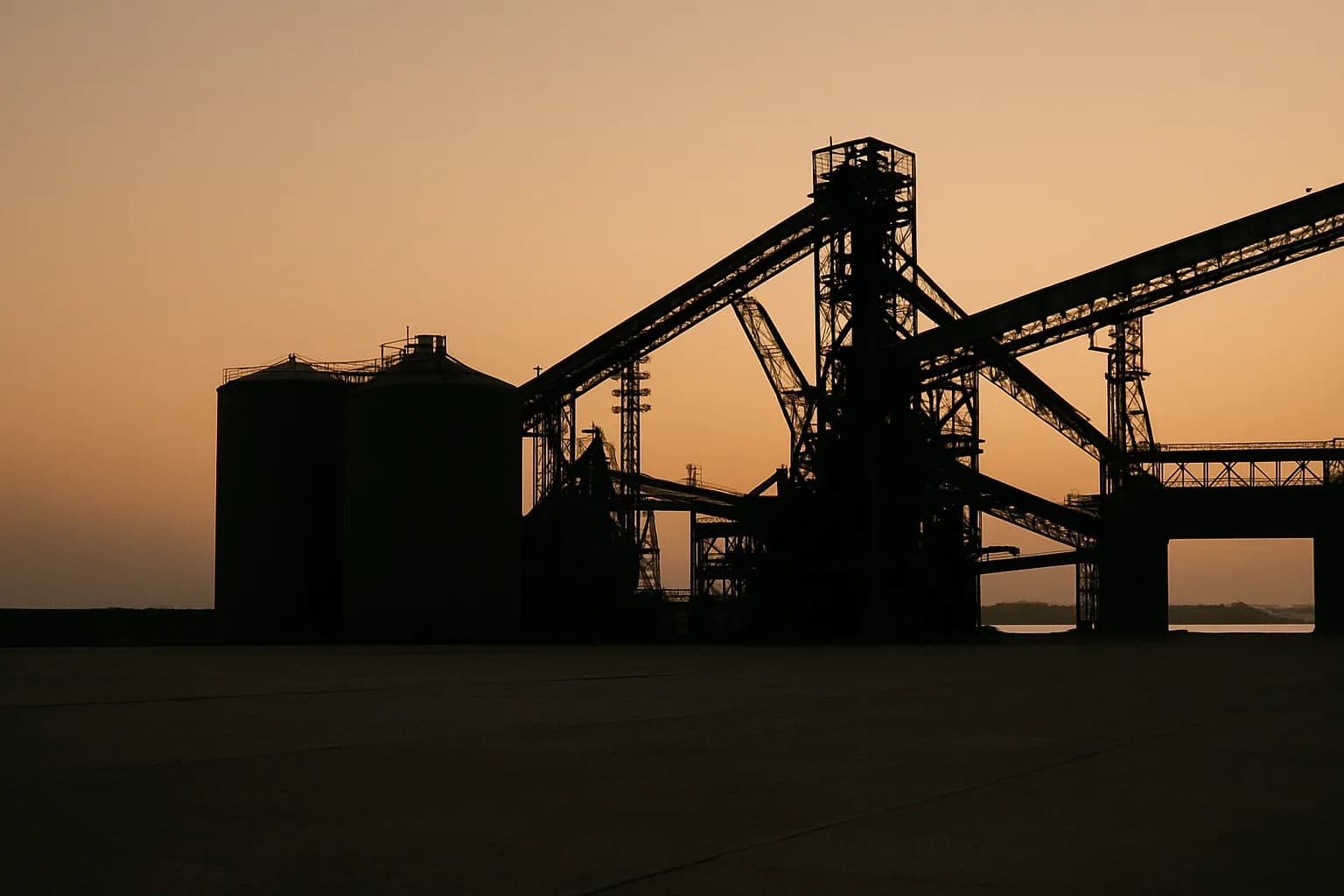 Empty phosphate fertilizer terminal at dusk, tanks and conveyors silhouetted against orange sky, harbor in background