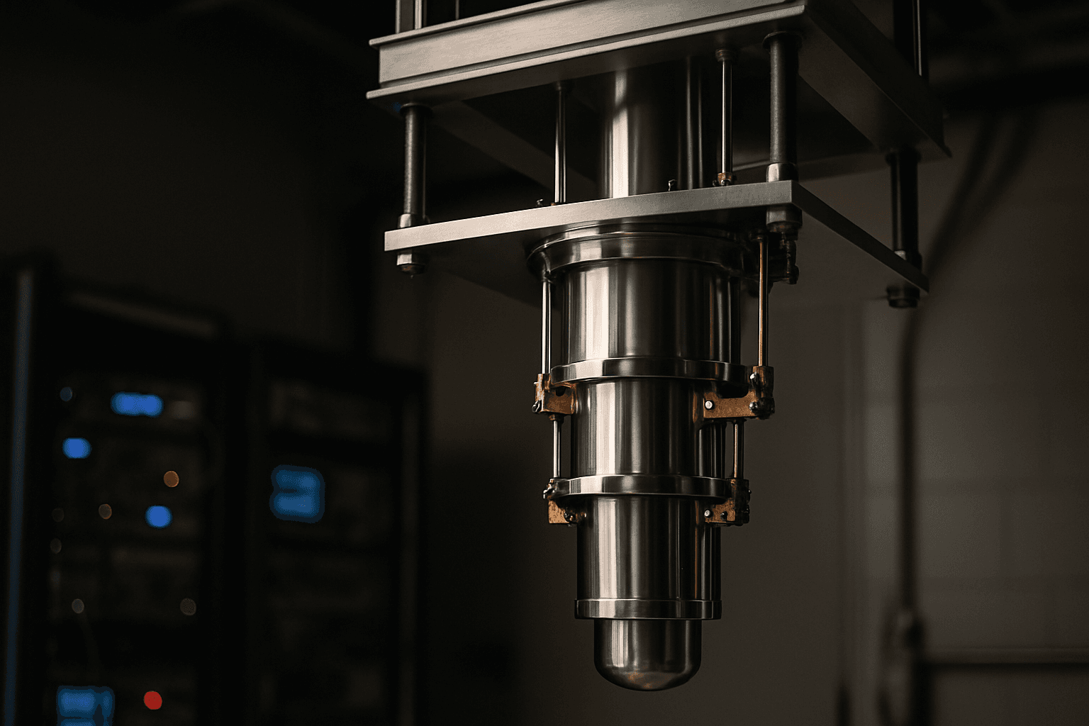 Nested silver cylinders of a cryogenic dilution refrigerator suspended in a physics laboratory, copper fittings visible against polished metal, soft blue instrument light behind