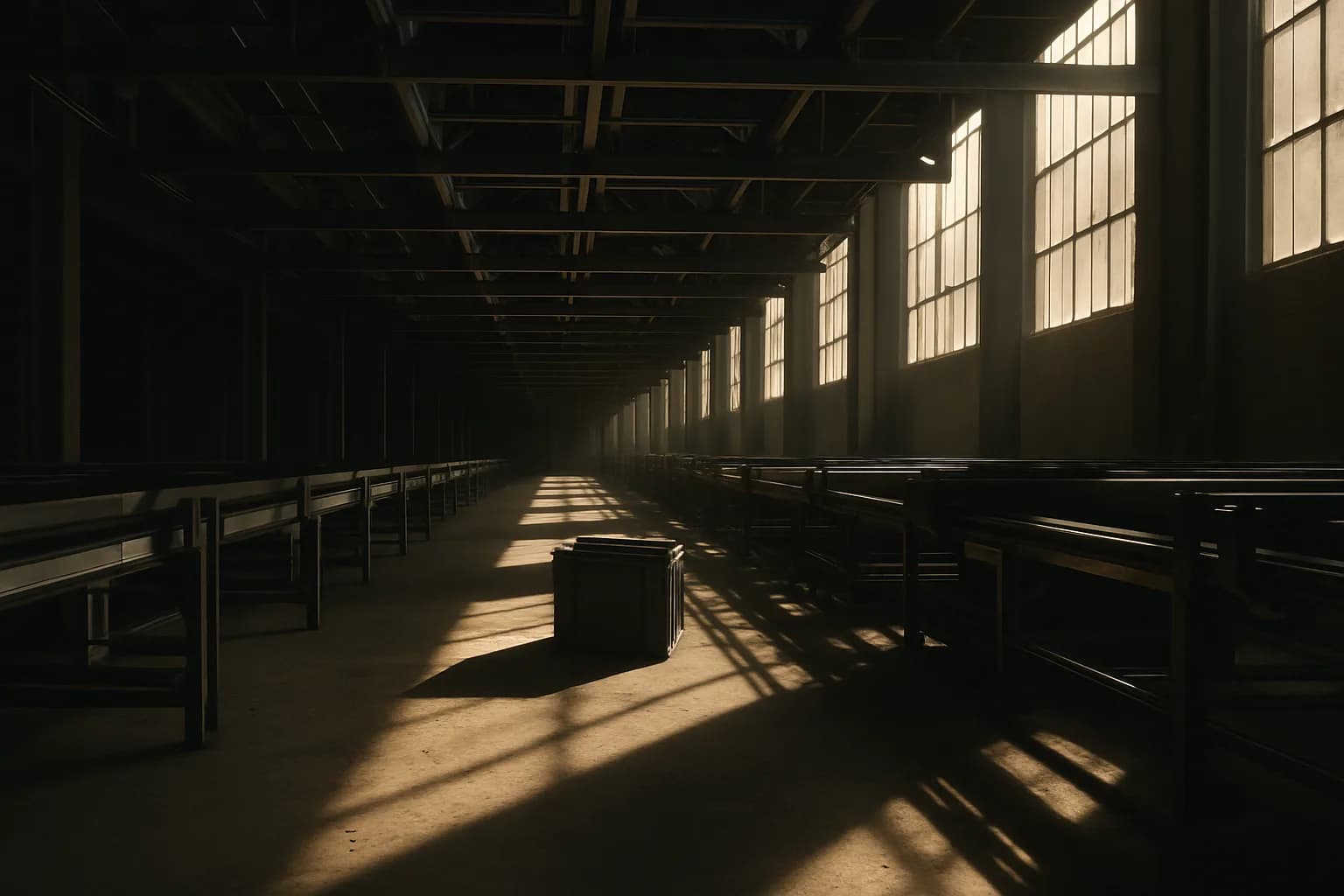 Empty automated fulfillment center interior with idle rail infrastructure and a lone delivery tote on the warehouse floor