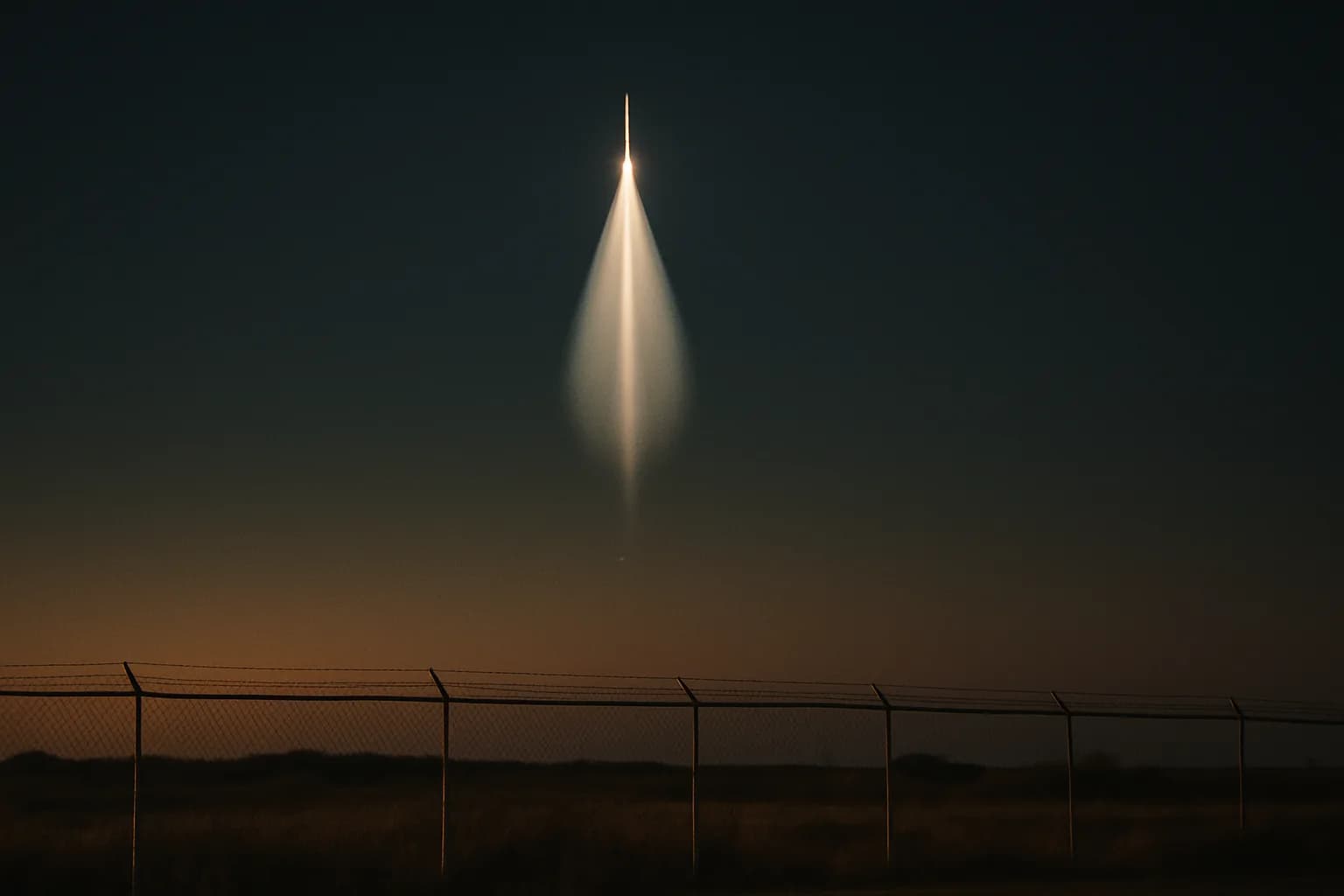A Falcon 9 rocket rises through a twilight sky, its exhaust plume fanning wide before narrowing to a bright point, with flat scrubland and a chain-link fence in the foreground