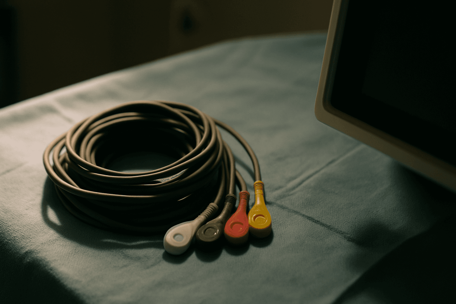 Bundled medical electrode wiring coiled on a surgical drape in soft natural light, a monitoring screen partially visible at the frame edge.