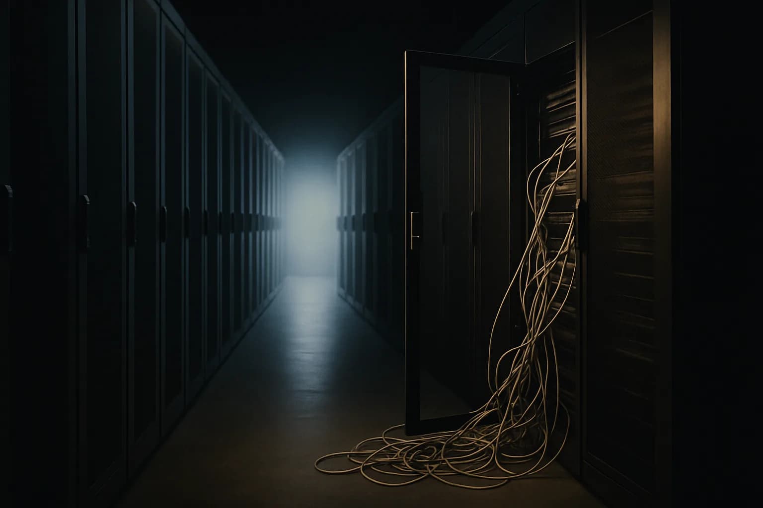 Dark data center corridor with server racks receding into soft blue light, one rack door open with cables trailing out.
