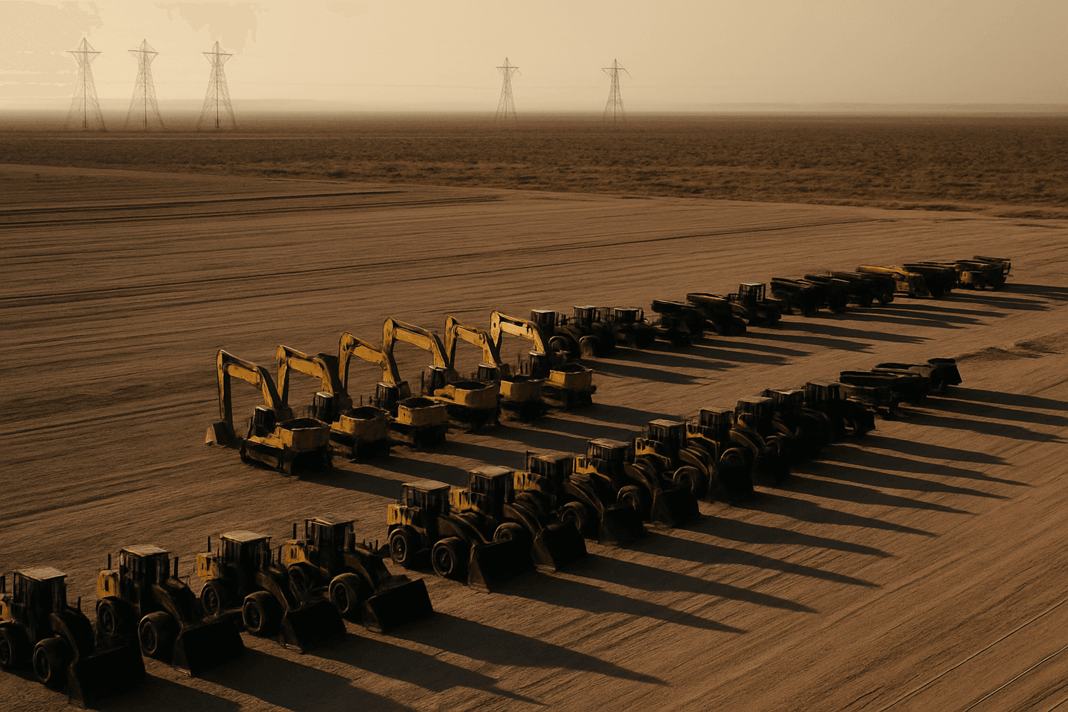 Aerial view of a massive flat desert construction site at dawn, rows of heavy equipment on bare graded earth with transmission towers at the horizon