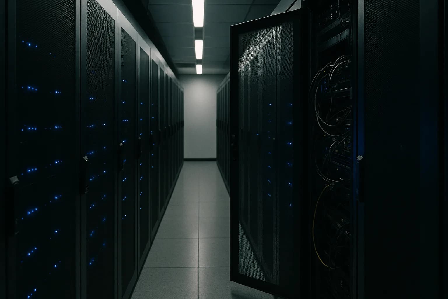 Data center corridor with server racks, blue LED lights, and one open rack panel showing cabling