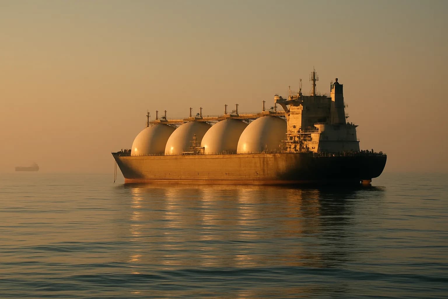 A large LNG carrier anchored in still water at golden hour, isolated against a pale horizon with a second tanker faintly visible in the distance