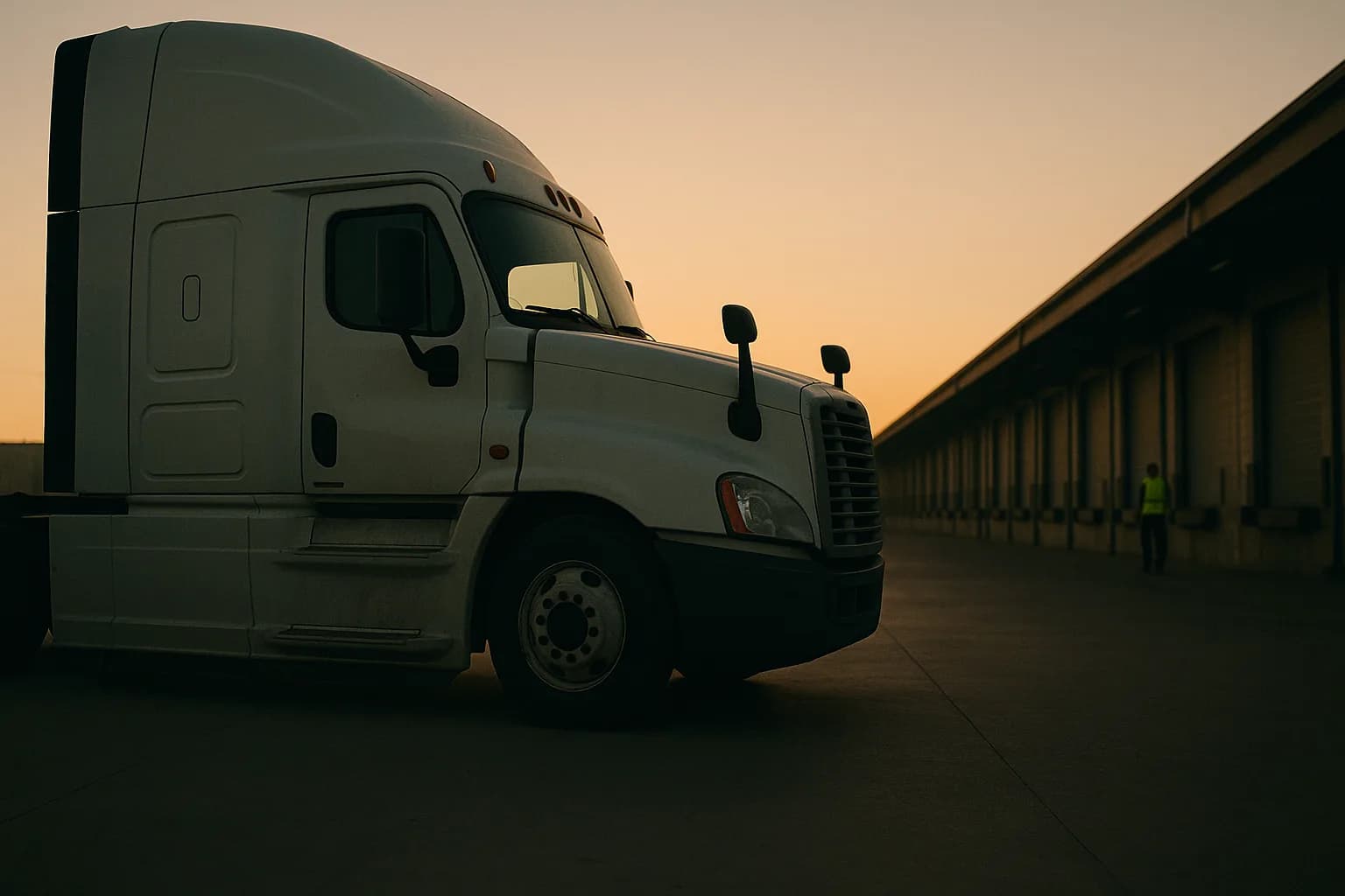 Empty autonomous freight truck cab at a Texas loading dock at dawn, a technician in a high-visibility vest visible in the background.
