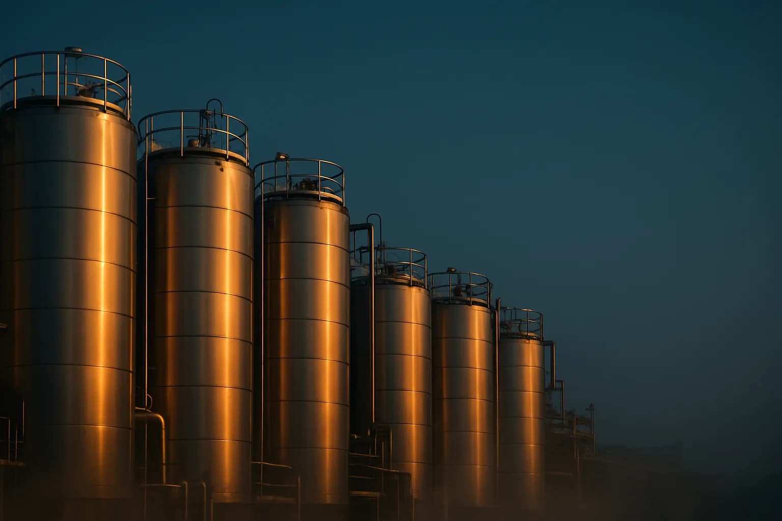 Chemical storage tanks at a Japanese industrial facility at dusk
